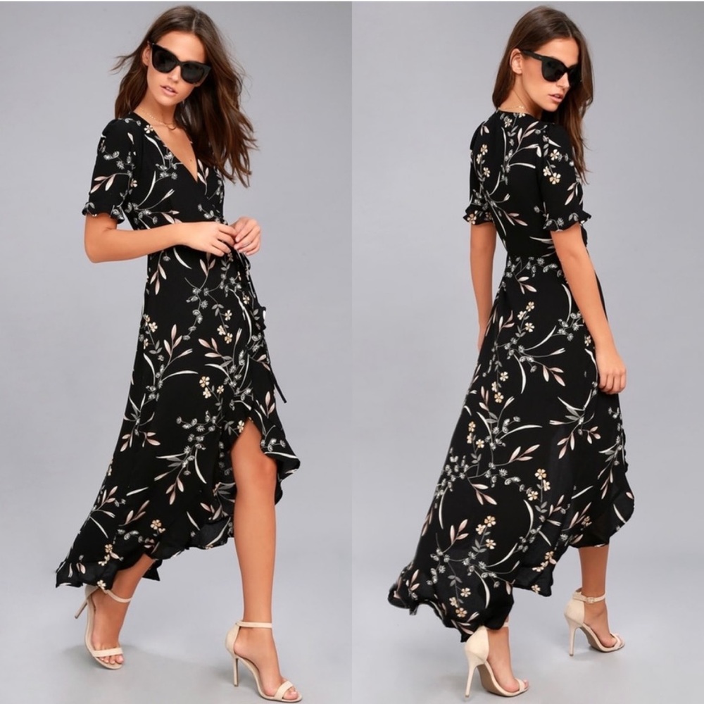 Lulus Wild Winds Black Floral Wrap Dress NWT